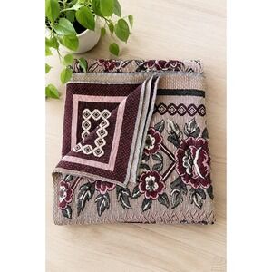 Vintage Woven Floral Tapestry Blanket Burgundy Roses Cottagecore Throw Coverlet